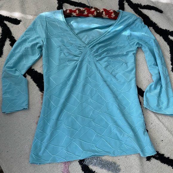 y2k Top Stretch Blouse Balletcore Fairycore Turquoise Teal Ruched Sexy - Picture 3 of 14